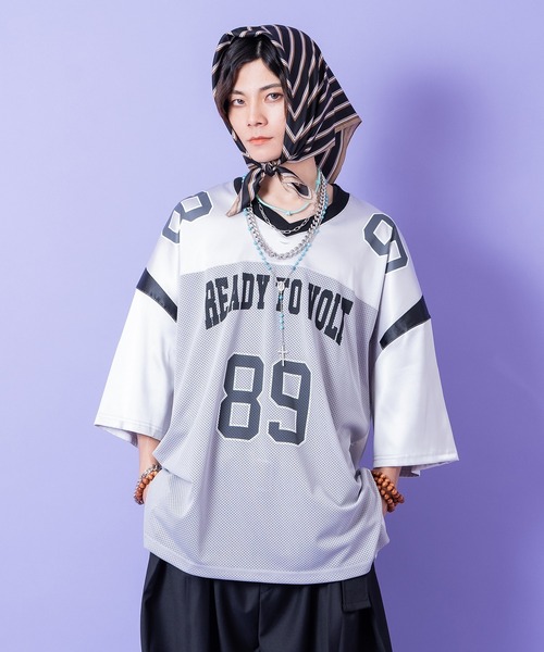 tシャツ a.p.o.v. サテン×メッシュ×リブ切替ナンバリングオーバー