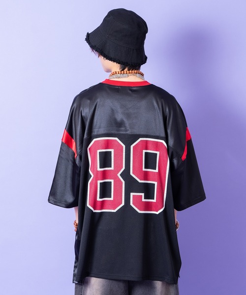 tシャツ a.p.o.v. サテン×メッシュ×リブ切替ナンバリングオーバー