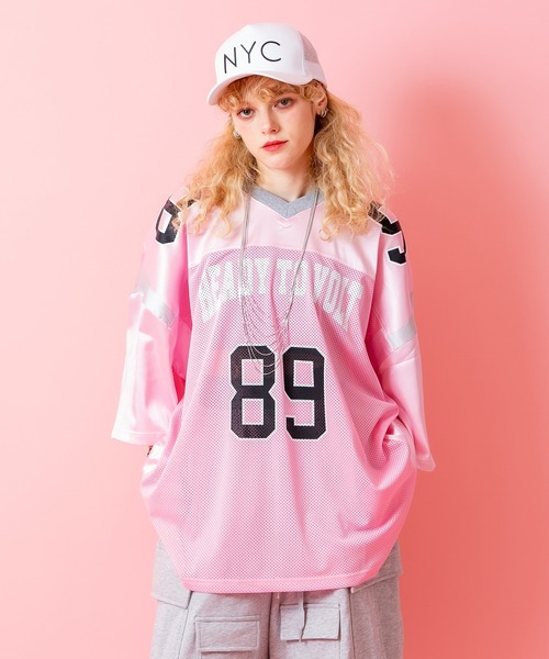 tシャツ a.p.o.v. サテン×メッシュ×リブ切替ナンバリングオーバー