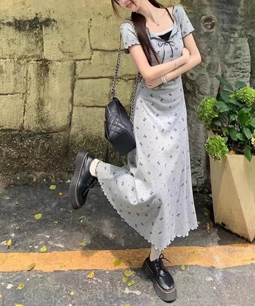 ワンピース リボン柄 スリムシルエット ロングワンピース : ZOZOTOWN
