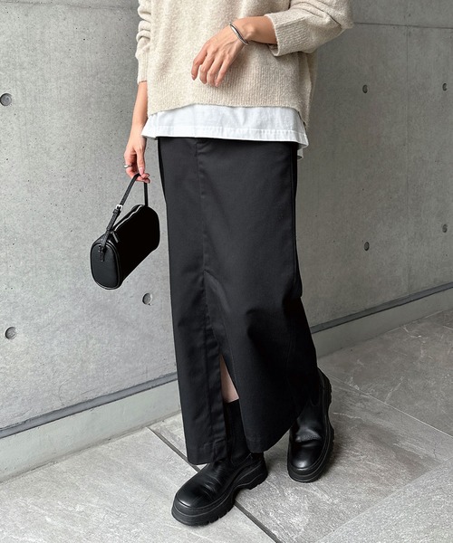 美品　mame タイトスカート　前スリット　ロングスカート　黒　ジャカード織 andme（アンドミー） スカート 前スリットチノロングタイトスカート