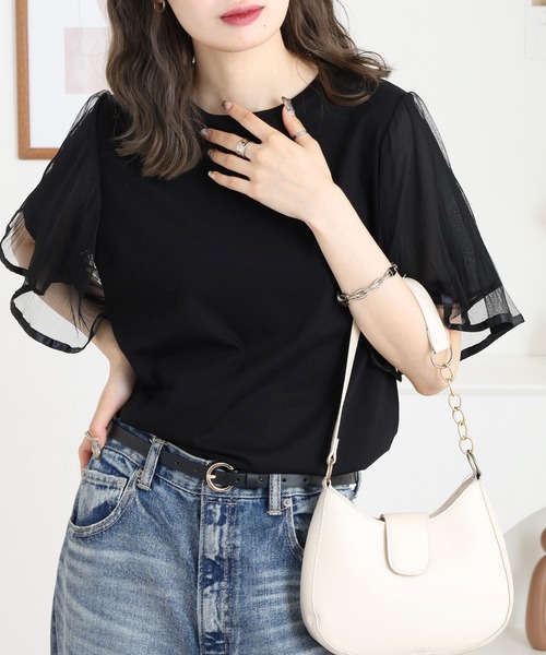 tシャツ EGLANTINE 袖チュールレイヤードカットソー レディース