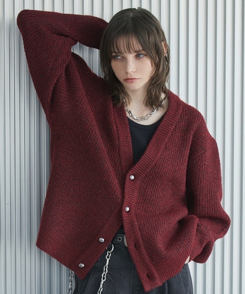 生しらす丼EX　PLAY ワインレッド カーディガン L Spielio カーディガン 「Spielio」Shiny lurex cardigan / シャイニー