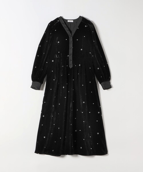 SHIPS any:〈手洗い可能〉ベロア 刺繍 タック フレア ワンピース SHIPS any ワンピース any:「手洗い可能」ポリエステル ベロア 刺繍