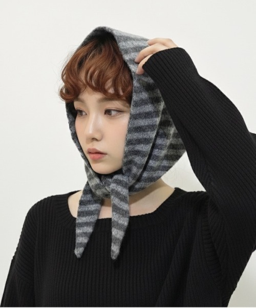 スカーフ バンダナ 「HIKA」ボーダー三角WOOLニットスカーフ／バンダナ