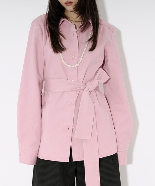 Ezick ブラウス シャツ washed twill volume ribbon shirt リボンツキ