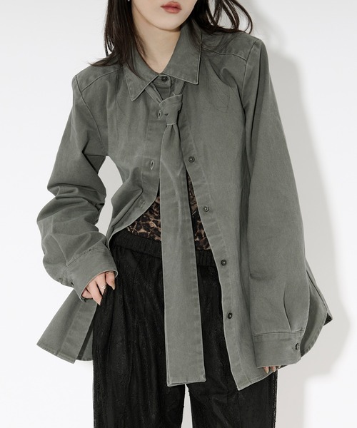 Ezick ブラウス シャツ washed twill volume ribbon shirt リボンツキ