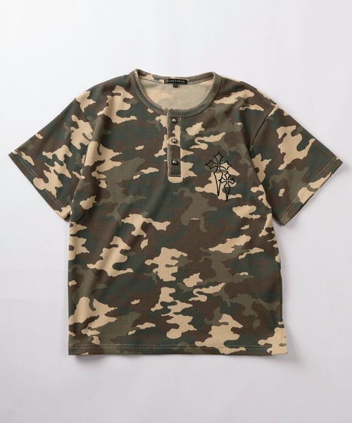 ヘンリーネック tシャツ 「82」カモフラ柄 クロスワンポイント