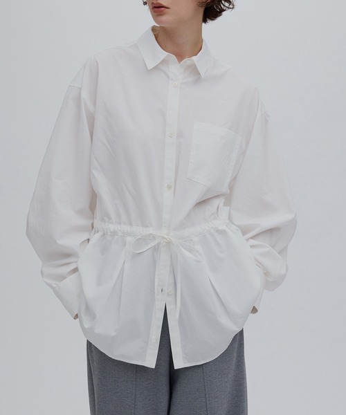 Ameri ボリュームスリーブ ブラウス 半袖 ネイビー Ameri（アメリ） ブラウス シャツ VOLUME SLEEVE DRAWSTRING SHIRT