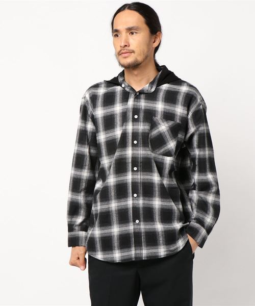 STYLEBLOCK シャツ オンブレチェック柄バックロゴプリントフーデット