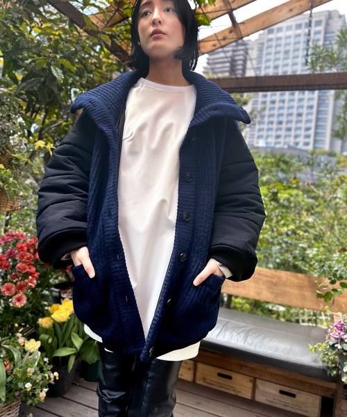 美品✨センソユニコ JNBY ノーカラーダウンコート 紺 ダブルジップ ダウンコート ダウンジャケット インポートニットリブスリーブブルゾン