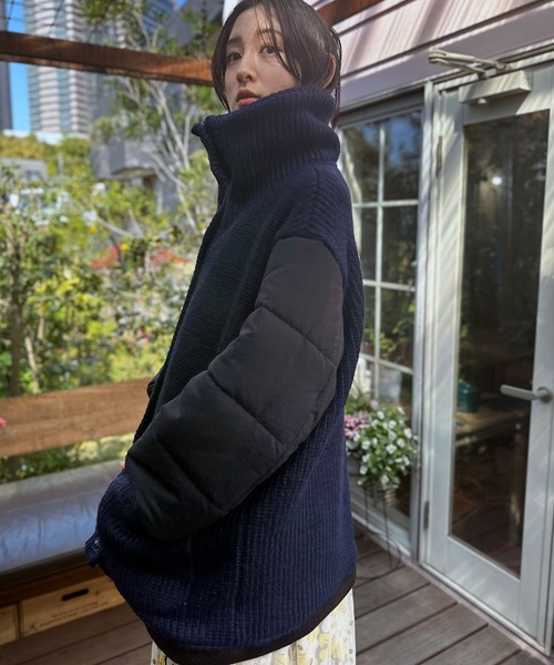 美品✨センソユニコ JNBY ノーカラーダウンコート 紺 ダブルジップ ダウンコート ダウンジャケット インポートニットリブスリーブブルゾン