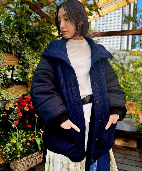 INGEBORG　アラン編ニットコンビジャケット　ダウンコートジャケット　ロゴ ダウンコート ダウンジャケット インポートニットリブスリーブブルゾン