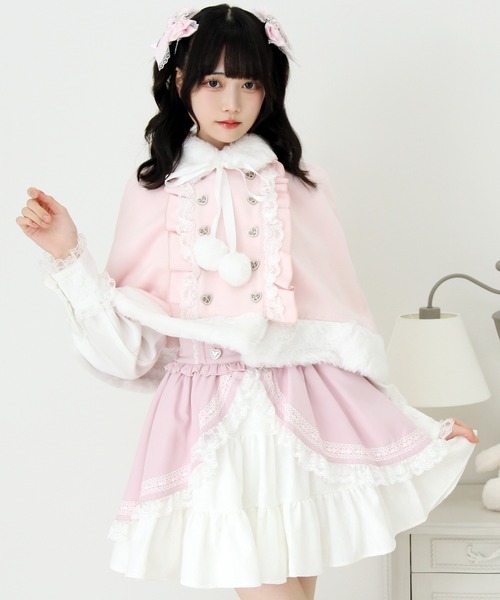 完売品♡ケープ付きホワイトコート Aライン リボン 美品 DearMyLove コート アウター ファーポンポンハートビジューリボン