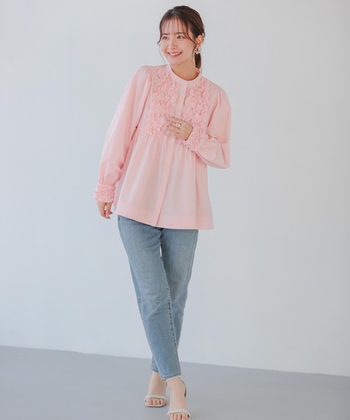 Fit more ブラウス シャツ フロントフリルペプラム長袖ブラウス