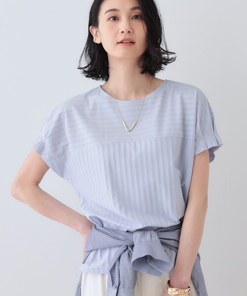 ブラウス シャツ 春SALE！「洗える／ストライプ柄」袖タックブラウス レディース INDIVI ブラウス シャツ 春SALE！「洗える／ストライプ柄」袖
