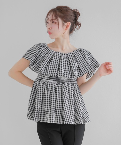 美品 Fitmore フリル リボン ペプラムトップス 長袖 きれいめ オフ