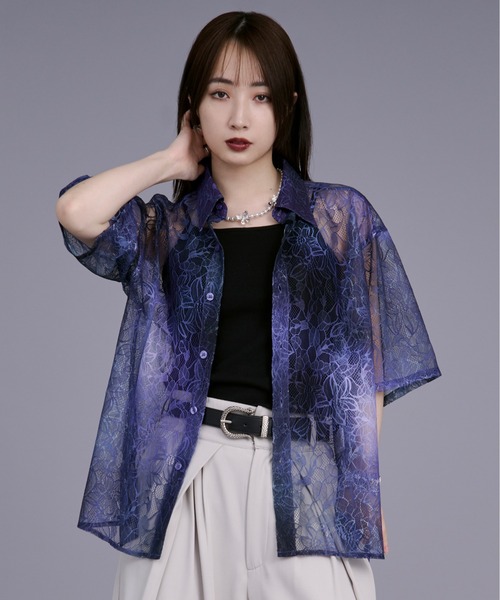 Ellno Loset シャツ グラデーションフラワーレースシャツ メンズ