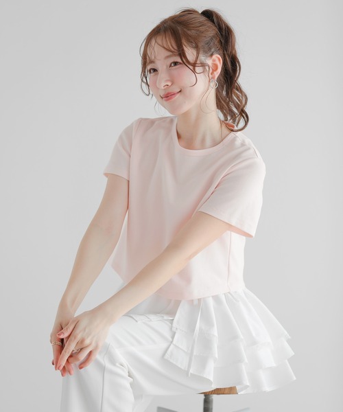 tシャツ 裾ドッキング刺繍Tシャツ レディース