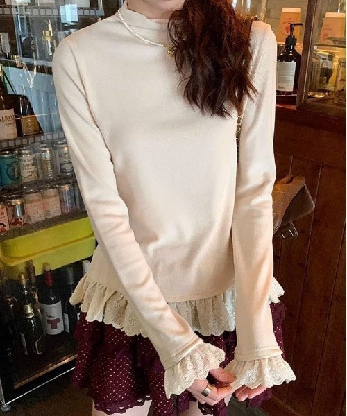 Mejoul tシャツ 「2025秋冬新作」裾フリルレース ハイネック ロンT