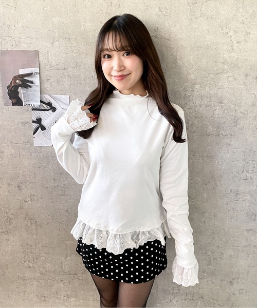 Mejoul tシャツ 「2025秋冬新作」裾フリルレース ハイネック ロンT