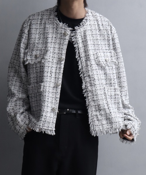 ジャケット ノーカラージャケット ツイードカットオフフリンジ