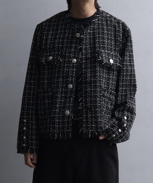 ジャケット ノーカラージャケット ツイードカットオフフリンジ