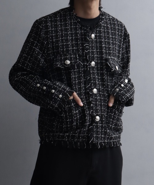 【未使用品】ZARA ノーカラーツイードラメジャケットXL 黒 新品未使用◎ZARA ザラ ツイード ノーカラーペプラムジャケット ラメ