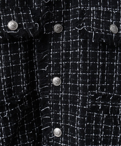 ジャケット ノーカラージャケット ツイードカットオフフリンジ