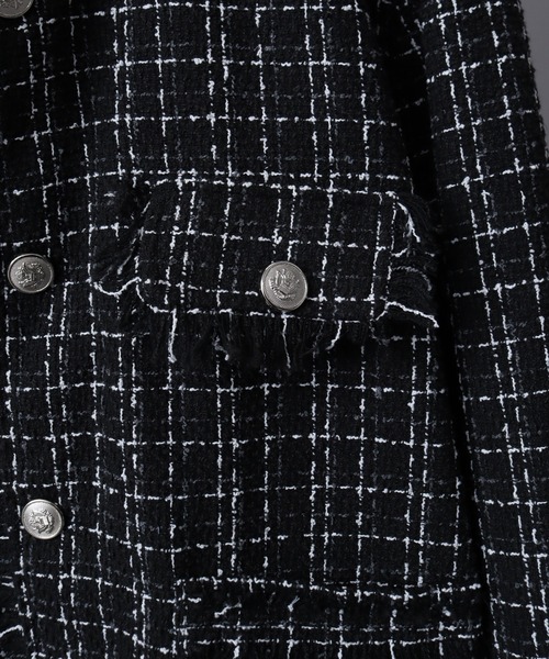 ジャケット ノーカラージャケット ツイードカットオフフリンジ