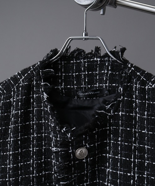 ジャケット ノーカラージャケット ツイードカットオフフリンジ