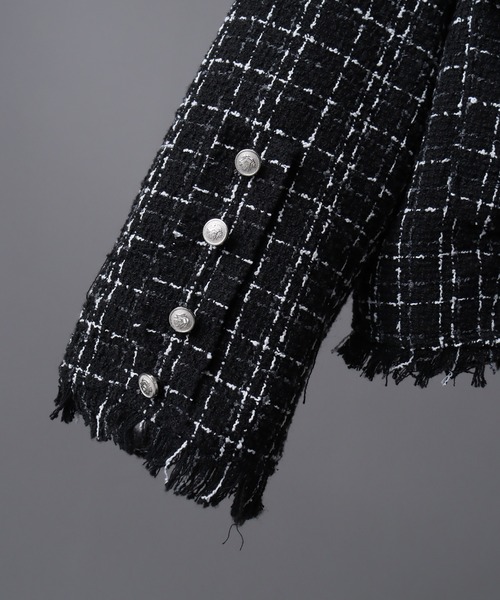 ジャケット ノーカラージャケット ツイードカットオフフリンジ