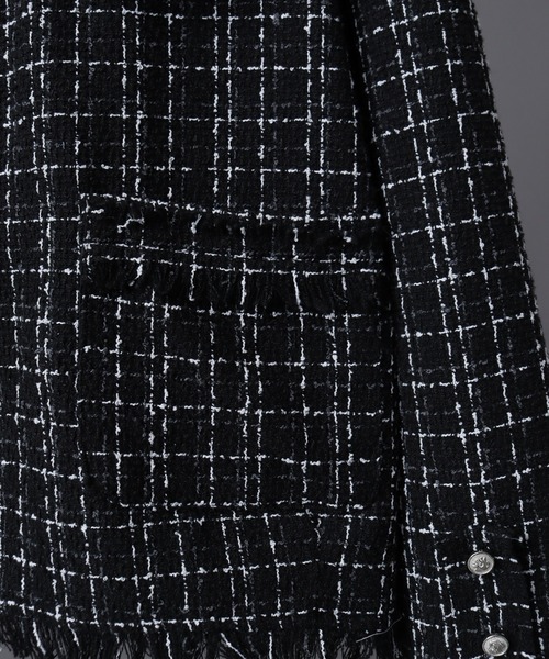 ジャケット ノーカラージャケット ツイードカットオフフリンジ