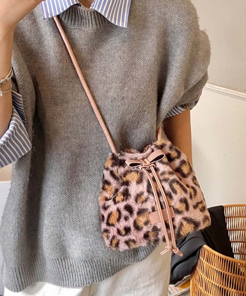 the Virgins レオパード 巾着 ファー black 別注Cinch Bag Leopard/別注レオパード柄シンチバック(巾着バッグ