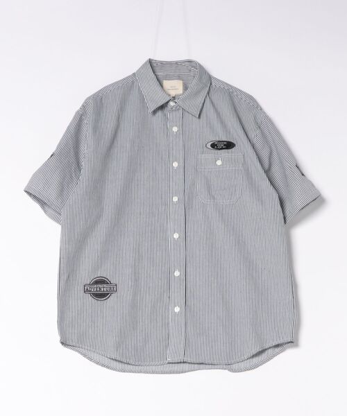 定価39800円刺繍ワッペン ジップ エンジニア シャツ　ヒッコリー CORISCO（コリスコ） シャツ 半袖 ワッペン付きヒッコリー半袖シャツ