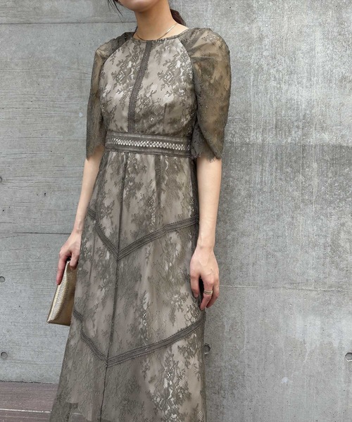 【新品】袖あり　ショルダーギャザー　ラッセル　レースワンピース　結婚式　ドレス 袖ありショルダーギャザーラッセルレースワンピース｜結婚式
