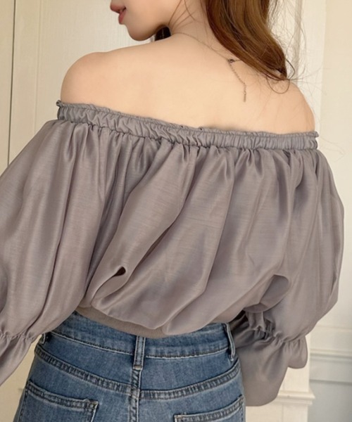 シャツ/ブラウス(長袖/七分) Off-the-shoulder Cropped Shirred Top Ada. ブラウス シャツ シフォン ふんわり オフショル クロップド