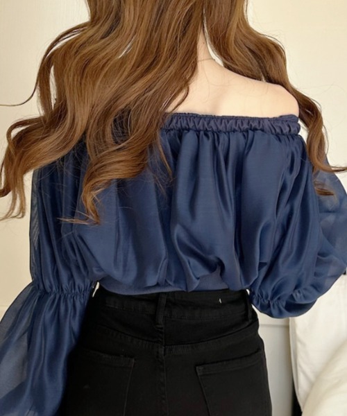 シャツ/ブラウス(長袖/七分) Off-the-shoulder Cropped Shirred Top Ada. ブラウス シャツ シフォン ふんわり オフショル クロップド