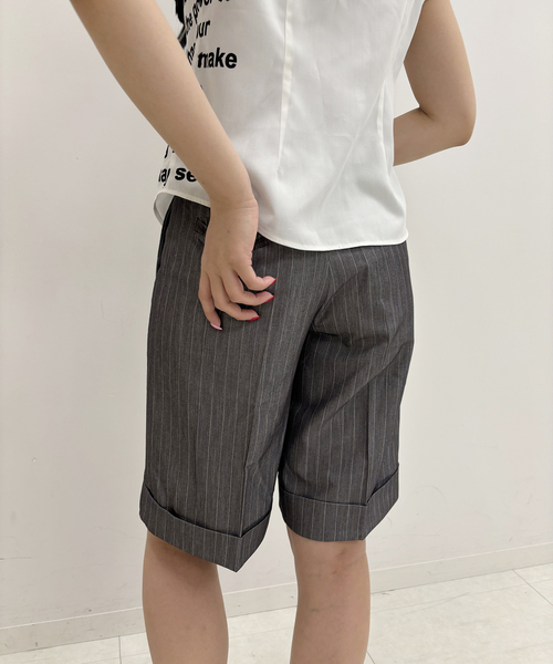 archivio ストライプショートパンツ グレー パンツ ストライプハーフ スラックスパンツ レディース