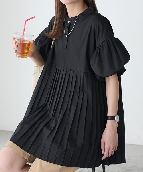 BONLECILL ブラウス シャツ バルーンスリーブプリーツ切り替え