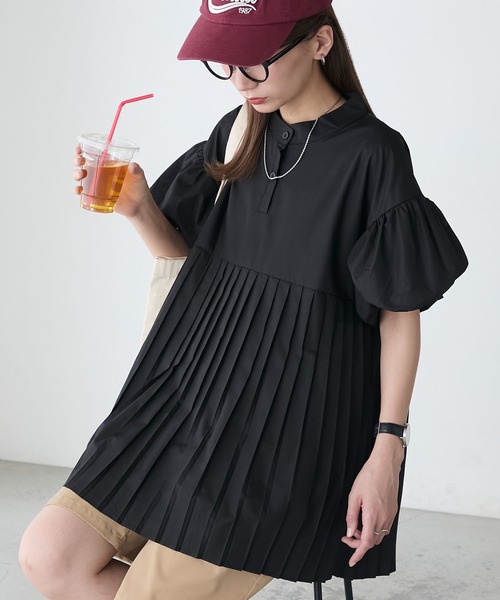 BONLECILL ブラウス シャツ バルーンスリーブプリーツ切り替え