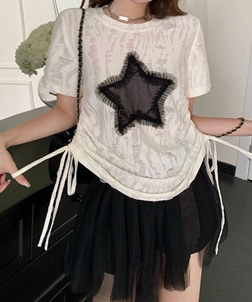 ALTROSE tシャツ シースルー ダメージ ドロスト ギャザー 星 Y2K