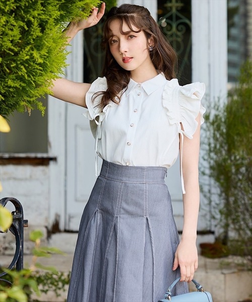女性が喜ぶ♪ Swingle ストライプリボンフリルシャツブラウス シャツ ブラウス トップス