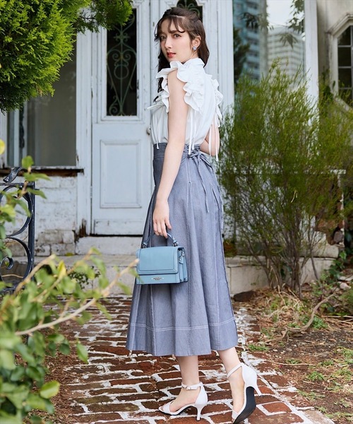 ブラウス シャツ ビジュー付きストライプフリルシャツ レディース And Couture ブラウス シャツ ビジュー付きストライプフリル