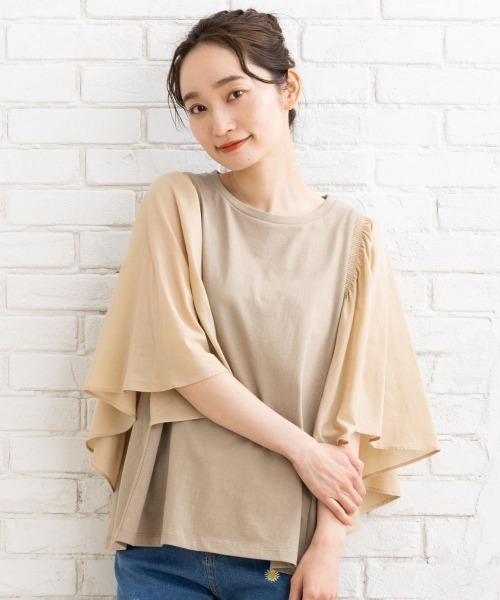 tシャツ FONTLAB 布帛切替フレアスリーブカットソー レディース