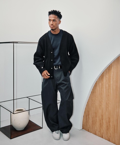 CONZ ニットカーディガン CONZ カーディガン RIB OVER SIZE CARDIGAN/リブニットカーディガン