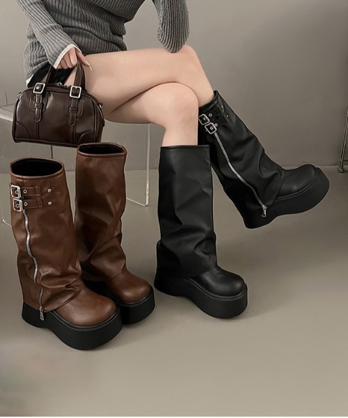 ブラックデザイン厚底メタルブーツ Y2K ロングブーツ　25cm Y2K ブーツ | レディースファッション通販のグレイル(GRL)【公式