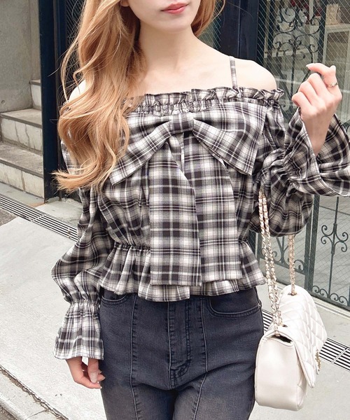 INGNI（イング） ブラウス シャツ ビッグリボンチェック柄オフショル