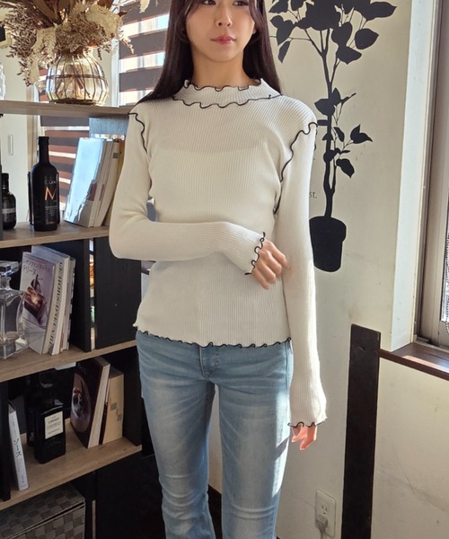 tシャツ バイカラーメロウ 配色 リブ編み ニットトップス レディース