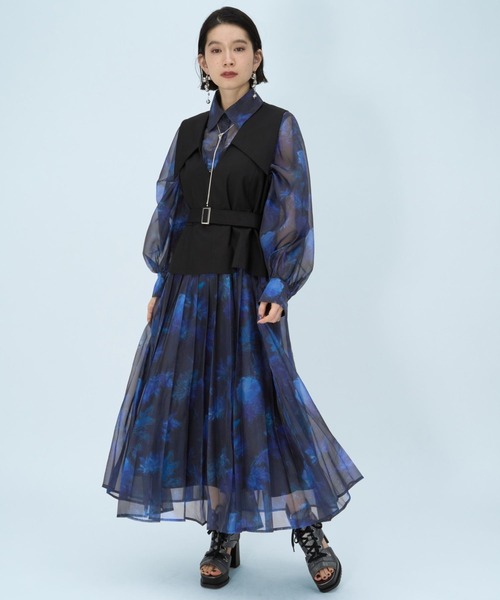 【美品】ハレ、HARE、サイドプリーツワンピース ジャガード、ネイビー紺、完売品 HARE（ハレ） ワンピース アートガラプリーツジレワンピース(HARE